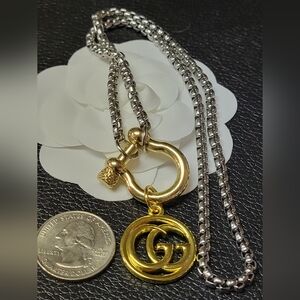 GG Zipper Pull, 2 Tone Gold/Silver 18" Stainless Steel Chain